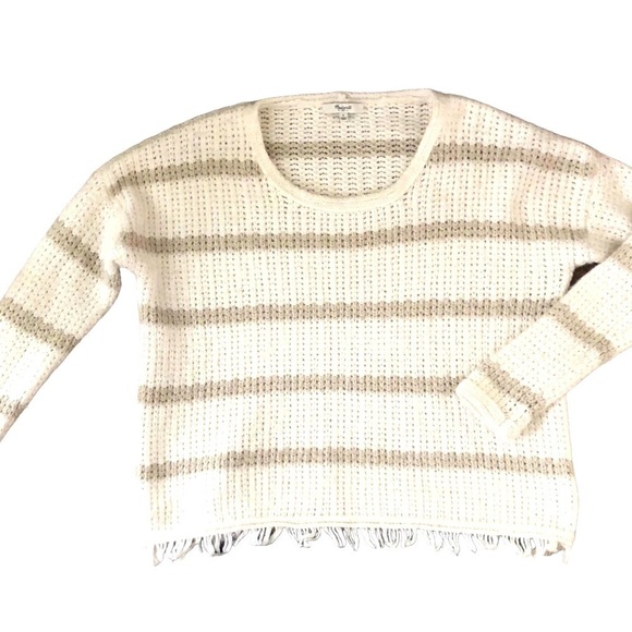 Madewell ALPACA Cream Taupe Striped Wool Blend Sweater Sz. S With Fringe Casual - Picture 2 of 4